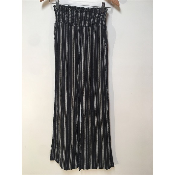 Billabong Women L Pants Black Striped Crepe Crinkle Bootcut 100% Cotton Paperbag - Picture 1 of 14